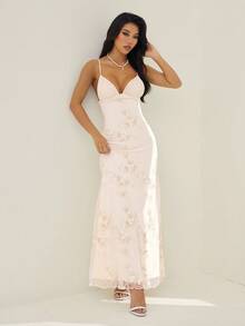 SHEIN PETITE 女士性感优雅深V褶皱胸部刺绣修身腰部浪漫刺绣连衣裙 - 粉色 - 查看 4