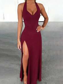 Zyxie 女士深V领露背系带高开衩长裙 - 酒紅色 - 查看 3