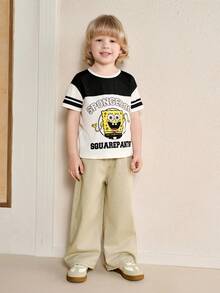 SpongeBob SquarePants | SHEIN 男童休闲圆领卡通字母印花短袖T恤，百搭日常穿着 - 白色 - 查看 5