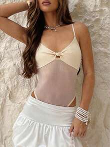 TRNVIE 一件酒红色秋冬圣诞新年派对情人节露背网纱扭结针织连体衣，休闲街头风时尚浪漫女装 - 杏色 - 查看 5