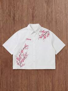 SWAVVY Áo sơ mi nam tay ngắn cài một hàng khuy, in họa tiết hoa anh đào, kiểu dáng thường ngày. - trắng - Xem 4