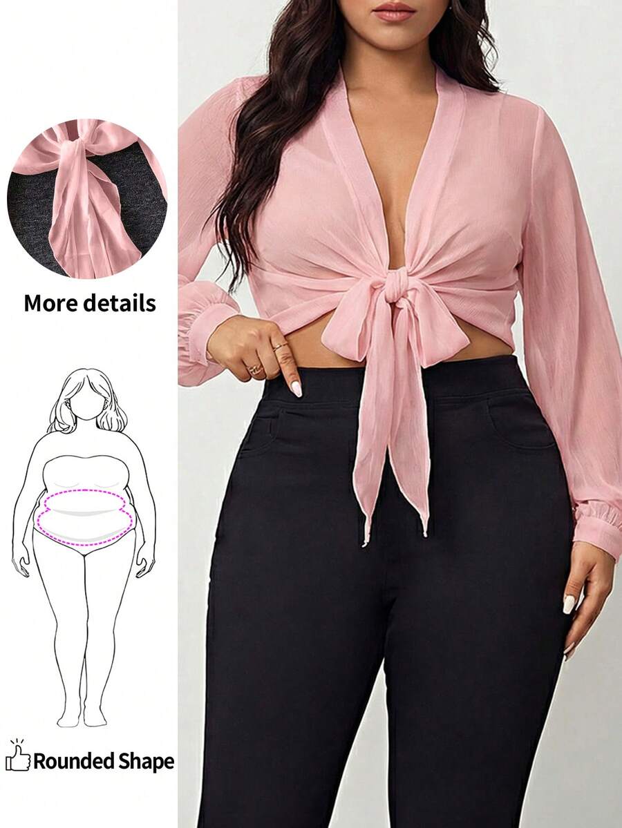 Enliva Women's Plus Size Lightweight Lantern Sleeve Tie Waist Open Front Jacket, Summer Winter Fall Autumn, For Apple And Rounded Body Shape - Pink - View 1