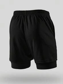 GymBeat 男士休闲抽绳腰带二合一拼接短裤，日常穿着、运动健身皆宜 - 黑色 - 查看 2
