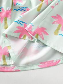 SHEIN Casuvi Kids Đầm yếm cổ yếm màu xanh bạc hà in hình cây dừa hoạt hình cho bé gái, kiểu dáng thời trang ngọt ngào không tay dáng chữ A, thích hợp cho hoạt động ngoài trời, đi biển, mặc hàng ngày và mùa hè. - Nhiều màu - Xem 8