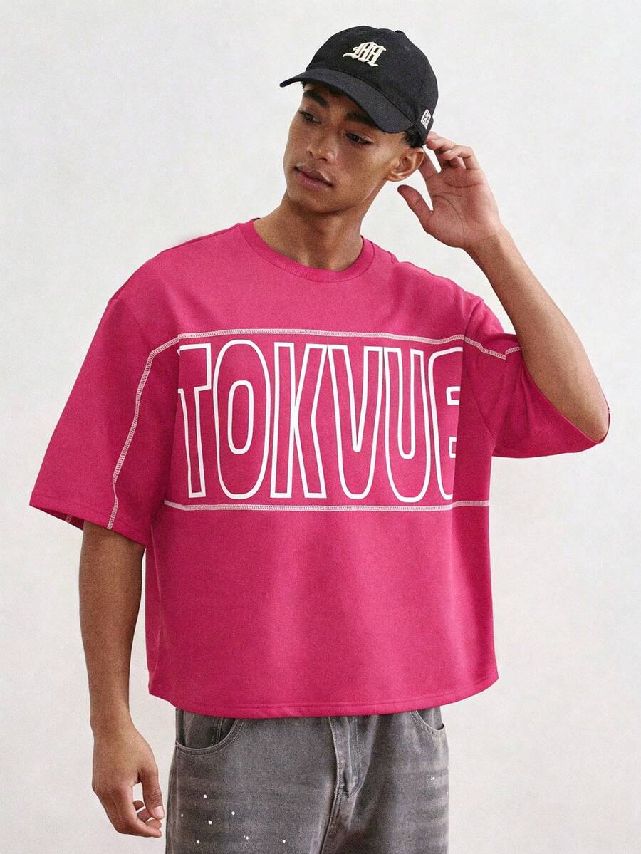 TOKVUE 男士字母印花宽松圆领休闲短袖T恤 - 粉色 - 查看 1
