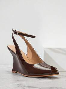 SHUZIA Sandalias de cuña con tira de tobillo y punta abierta para mujer - Marrón Chocolate - Ver 4