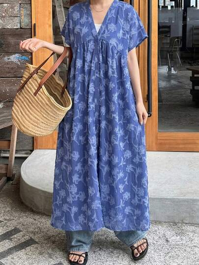 FRIFUL 女士印花V领休闲短袖连衣裙夏季吊带裙