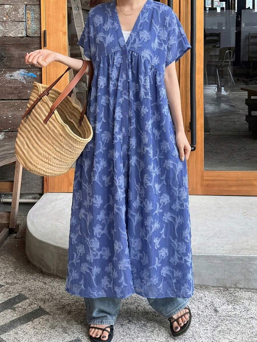 FRIFUL 女士碎花V领休闲短袖连衣裙夏日波西米亚风度假装扮 - 藍色 - 查看 1