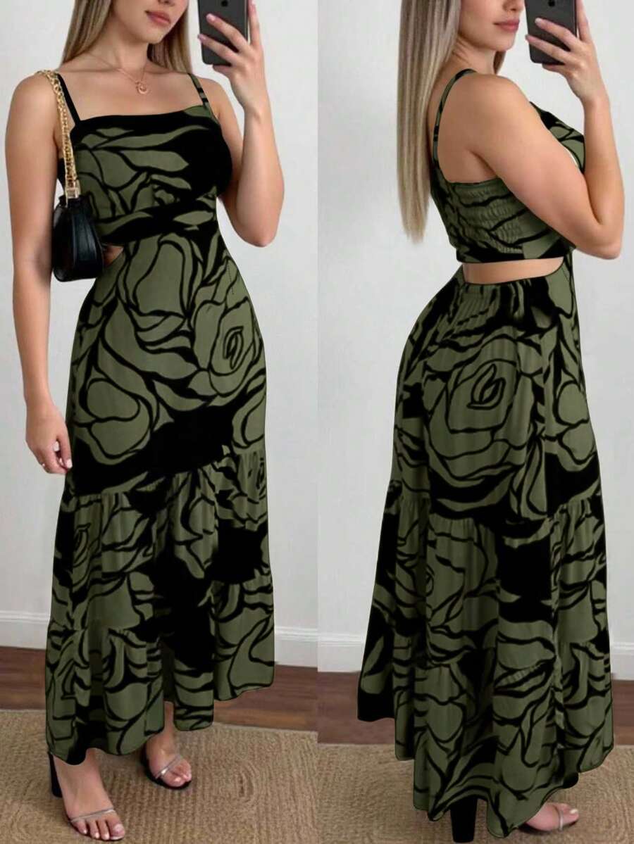 Selamara 女士花卉印花露背细肩带连衣裙，度假风格 - 墨綠色 - 查看 1