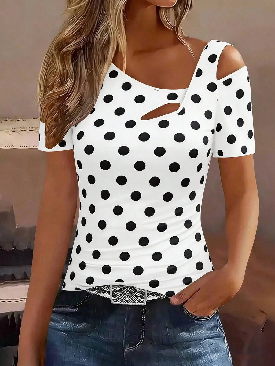 EMERY ROSE 女士撞色波点印花短袖T恤 - 黑與白 - 查看 1