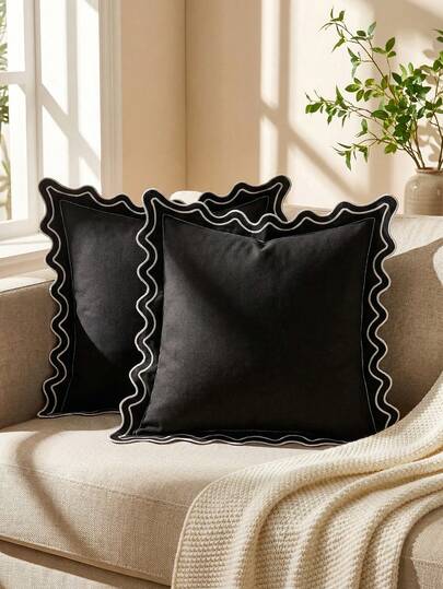 18x18 Zoll Mattschwarz und Weiß gewellte bestickte Outdoor Kissenbezug, 18x18 Zoll schönes dekoratives Kissen, geeignet für Sofas, Veranden und Gartenmöbel.