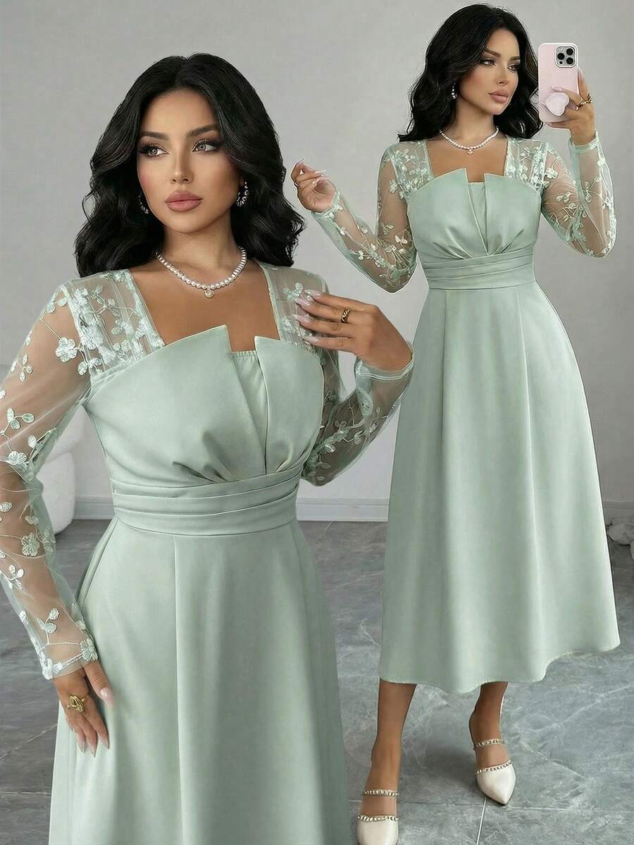 Modelyn Women's Floral Embroidery Ruched Waist Elegant Midi Dress For Party,Dresses For Women Elegant