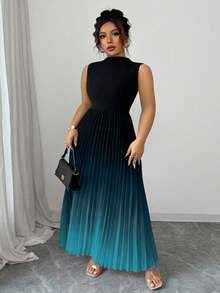 Elenzga Sleeveless High Neck Pleated Ombre Floral Print Plus Size Dress - Cadet Blue - View 4