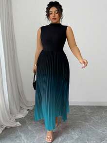 Elenzga Sleeveless High Neck Pleated Ombre Floral Print Plus Size Dress - Cadet Blue - View 6