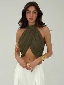 Aloruh Chiffon Vacation Casual Fashion Cross Ruched Back Neck Button Elegant Sexy Women Blouse,Summer Top - Army Green - View 3