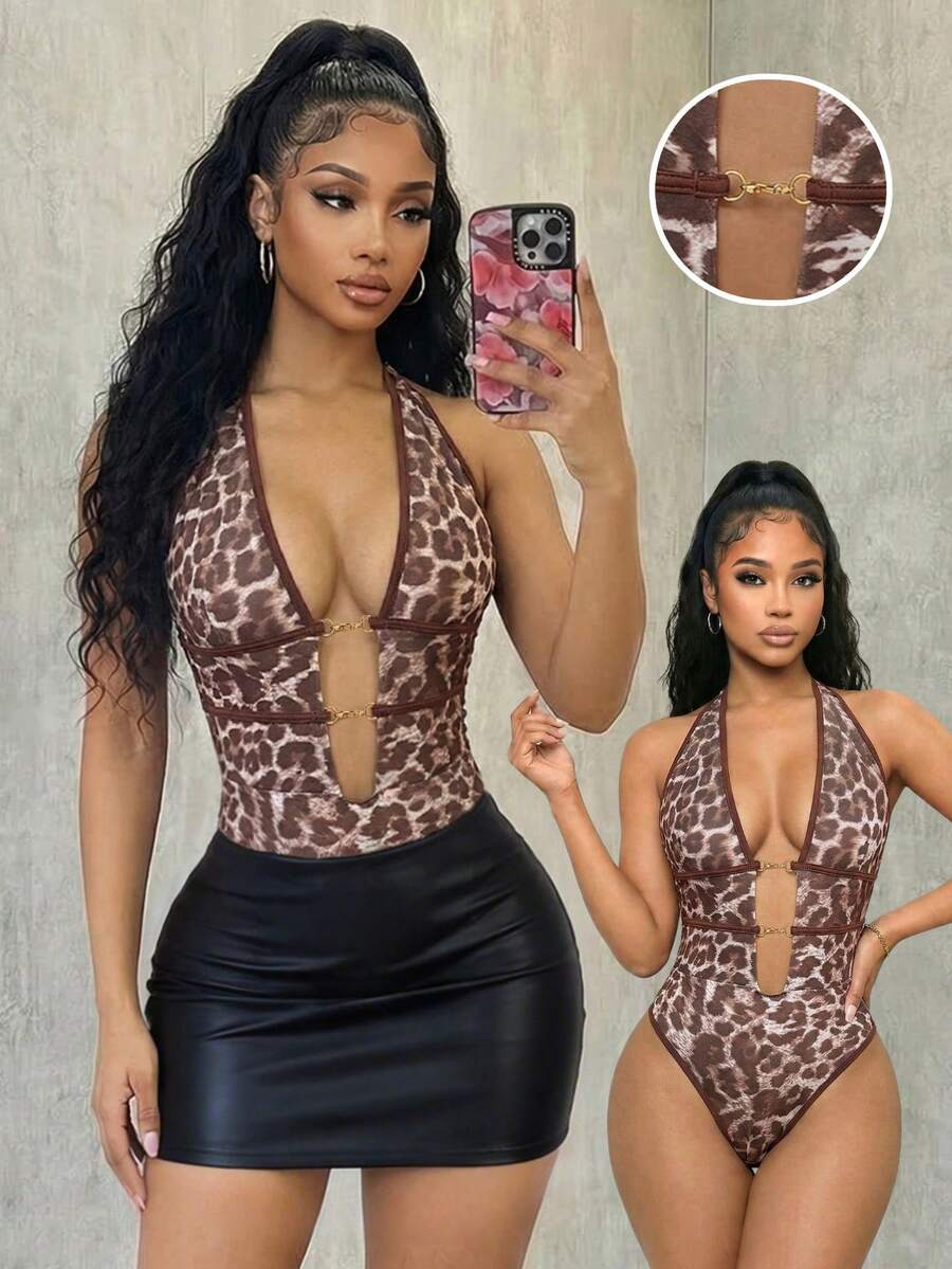 Eryvara Women's Leopard Print Bodysuit With Halter Neck Metal Buckle Hollow-Out Design, Slim Fit - Brown - View 1