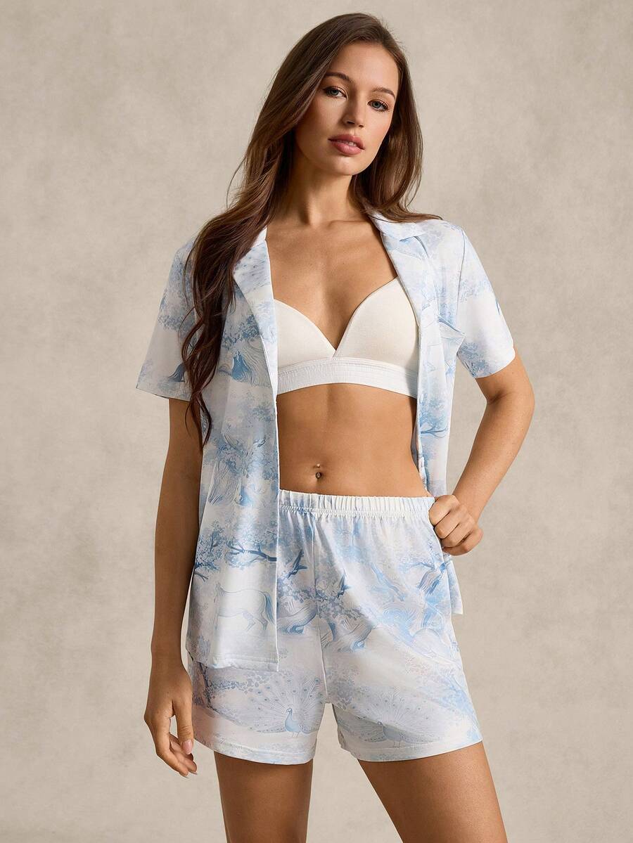 EverLounge Damen Vintage Britischer Stil Tier- und Baummuster Kragen Kurzarm Shorts Pyjama Set, Hellblau - Babyblau - Übersicht 1