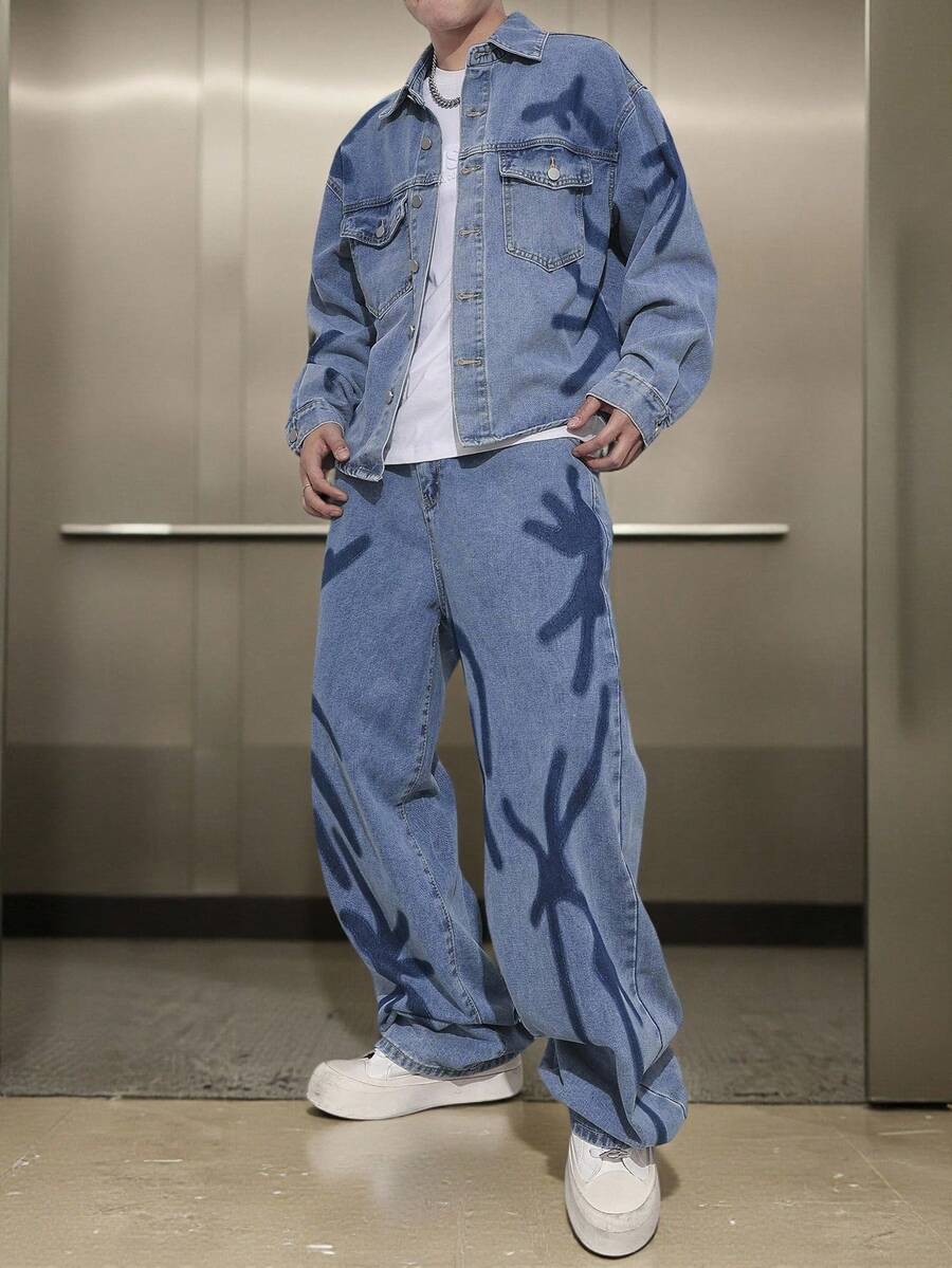 Manfinity EMRG Men's Street Fashion Denim Jeans Set Baggy Jeans Streetwear - Light Wash - View 1