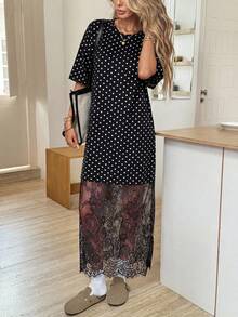 Easowa Đầm midi dự tiệc thường ngày phối ren chấm bi dành cho nữ - Đen và trắng - Xem 4