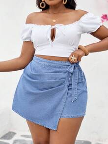 SHEIN SXY Plus Size Denim Shorts, Casual Fitted Patchwork Shorts, Blue Jorts - Light Wash - View 3