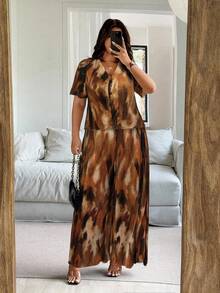 Vionelle Plus Size V-Neck Short Sleeve 2 Pieces Set For Women,Chocolate Brown,Autumn,Casual,Everyday Leopard Cheetah Print Loose Two Piece Set Luxury Dresses - Brown - View 7