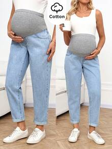 SHEIN Umstandsjeans mit hoher Taille, lässig gewaschen, für Sommer, Karneval, Pendeln, Urlaub, Abschluss, Chic Y2K, süß, Streetwear, Party, Hochzeit, elegant, Business-Lässig, Strand, Ostern, elegant, bequem, Umstandshose mit Überbauchbund, elegante, bequeme Umstandshose, bequeme, hellblaue, schmale Umstandsjeans für Frauen - Blau - Übersicht 1