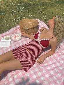 CovetEZ Women Striped Camisole And Shorts 2 Pieces Casual Set Cute Two Piece Set Cute Matching Sets Cute Sets For Vacation Matching Summer Sets Striped Bikini Set - Red and White - View 5