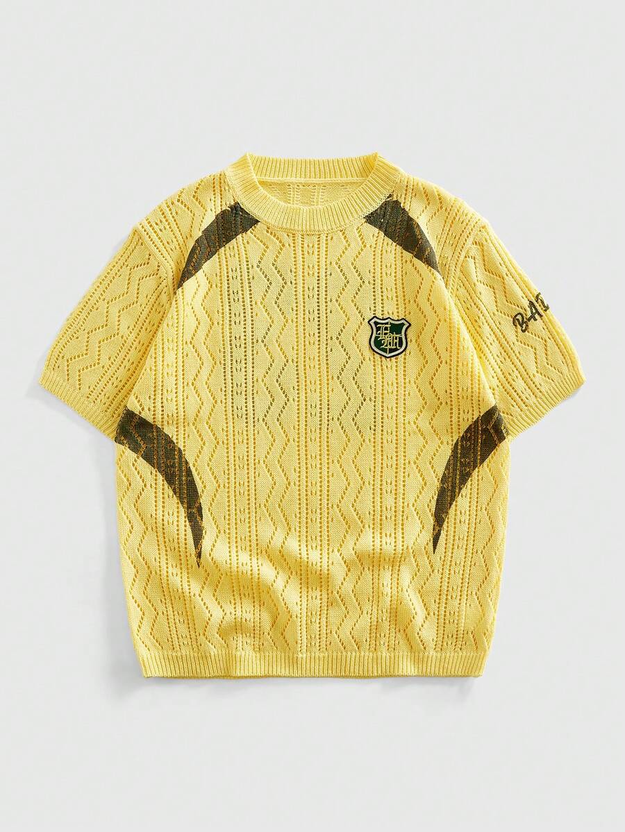 ROMWE MEN Áo len nam cổ tròn in họa tiết jacquard, phong cách đường phố. - Màu vàng - Xem 1