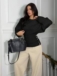 Ronhire 女装新款秋冬单件设计蝙蝠袖高端纽扣简约日常针织长袖上衣 - 黑色 - 查看 4