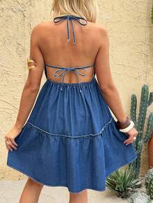 SHEIN 孕妇性感露背吊带牛仔连衣裙，度假必备 - 藍色 - 查看 2