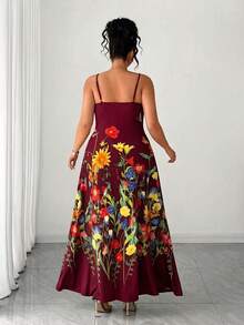 Elenzga Women's Plus Size Burgundy Summer Boho Vacation Holiday Elegant Ditsy Floral Sleeveless Midi Cami Dress,Mexican Beach Sundress Birthday Evening Gown - Burgundy - View 2