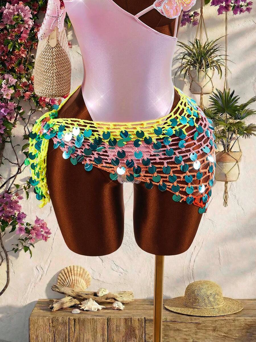 Amplova Áo khoác ngoài nữ xuyên thấu thêu sequin chuyển màu, gợi cảm và phá cách, phù hợp cho kỳ nghỉ, lễ hội âm nhạc, đồ bơi mùa xuân/hè dễ thương, hàng mới về. - Hồng - Xem 1