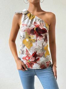 Breezaya Blusa asimétrica sin mangas con estampado de flores y hombro descubierto - Multicolor - Ver 3