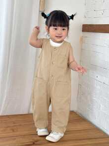 SHEIN 女婴深蓝色牛仔无袖白色条纹连体锥形裤 - 卡其色 - 查看 6