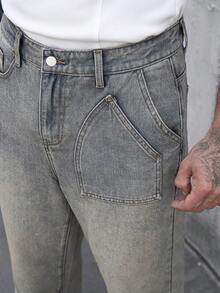 Manfinity Homme Quần jeans nam ống đứng màu xanh dương kiểu retro thường ngày - Rửa nhẹ - Xem 5