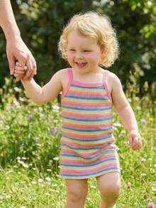 SHEIN Baby Girls Rainbow Striped Elastic Cute Sleeveless Dress, Spring/Summer - Pink - View 5