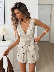 Easowa V领裹身系带蝴蝶结不规则下摆背心衬衫搭配松紧腰百慕大短裤套装，复古波点条纹印花亚麻面料，休闲放松优雅通勤度假春夏两件套女装 - 彩色 - 查看 2