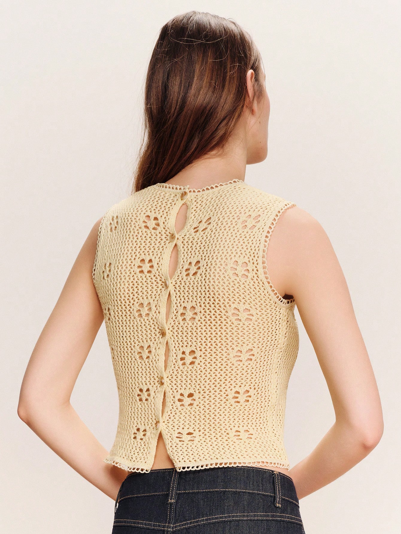 Butter Yellow Floral Crochet Knit Top With Button Up Back Spring Summer Boho Cute See Through Top French Style Top Parisian Style