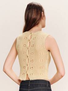 lacRébo Butter Yellow Floral Crochet Knit Top With Button Up Back Spring Summer Boho Cute See Through Top French Style Top Parisian Style - Yellow - View 2