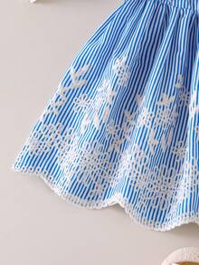 女婴蓝白条纹无袖收腰连衣裙，裙摆饰有刺绣，时尚高端工艺夏季连衣裙 - 藍色 - 查看 7