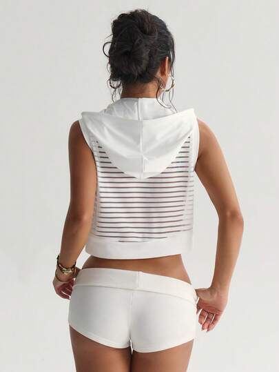 Dewbera 女士无袖连帽卫衣，基础款，条纹网眼后背设计，适合瑜伽、户外运动和健身。