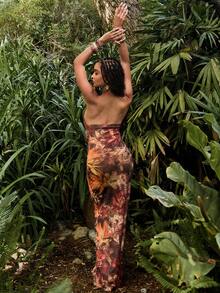 Hauture Vacation Beach Floral Print Hollow Out Dress - Brown - View 5