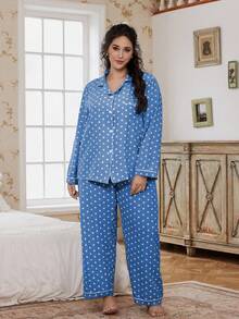 Elorette Plus Size Bubble Crinkle Polka Dot Print Collar Long Sleeve Pajama Set - Blue - View 4