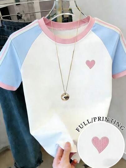 Resyla Women's Round Neck Contrast Trim Heart Embroidery Casual Everyday Short Sleeve T-Shirt