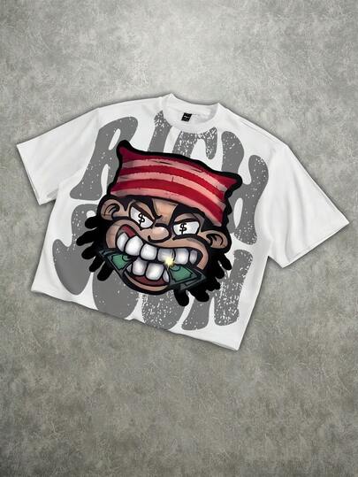 Manfinity ZONE917 Áo thun nam tay ngắn cổ tròn in hình hoạt hình, kiểu dáng thường ngày, đa năng.