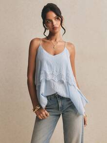 Poéselle Áo camisole nữ viền ren, kiểu dáng thường ngày, đa năng, thích hợp mặc hàng ngày. - Màu xanh nhạt - Xem 6
