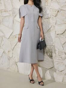Heiryn Elegant Metal Buckle Commuter Dress For Women - Grey - View 5