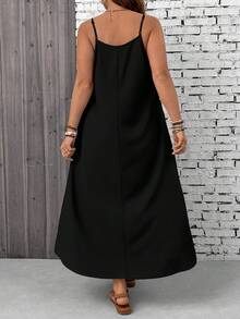 SHEIN CURVE+ Curve 尺码 US22 音乐节、海滨度假、波西米亚风女士纯色褶皱休闲派对外出吊带裙 - 黑色 - 查看 2