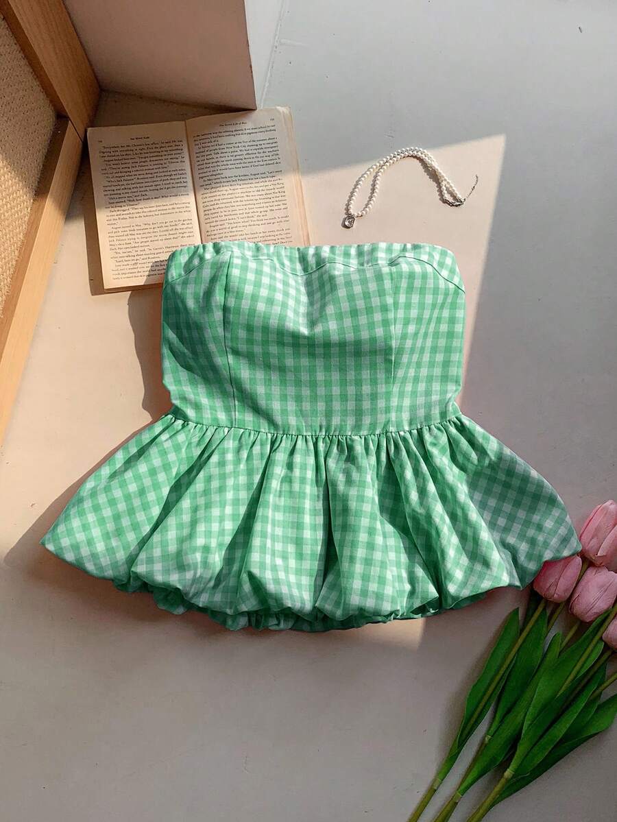 Comfortcana Top bandeau a cuadros verdes de moda para mujer - Verde - Ver 1