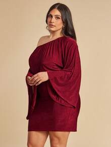 SHEIN BAE Plus Size Women's Burgundy Autumn Elegant Festa Off-Shoulder Dress,Metallic Flare Sleeve Asymmetrical Bodycon Maxi Dresses For Party Wedding Guest - Apricot - View 5
